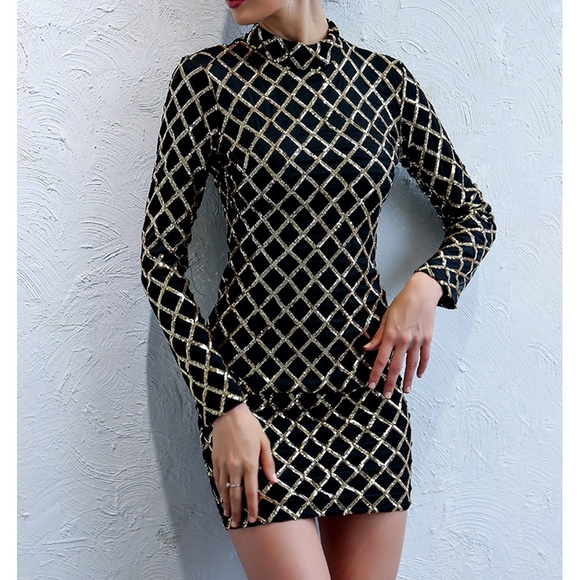 MBM Unlimited Dresses & Skirts - Black Gold Geo Print Sequin Bodycon Party Dress